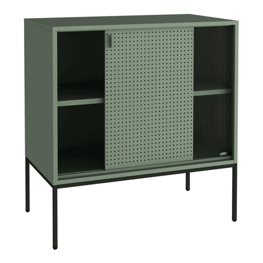 Aparador Eidsvoll com 2 portas de aço e vidro canelado 85 x 80 x 45 cm - Verde Preto en.casa