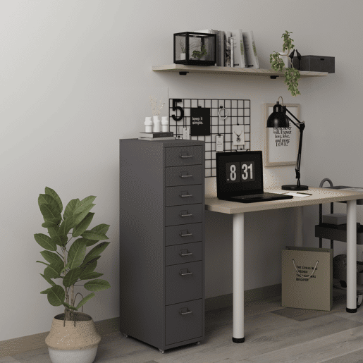 Armário de arquivo móvel Kökar com 8 gavetas 109x28x41 cm aço - Cinzento escuro en.casa
