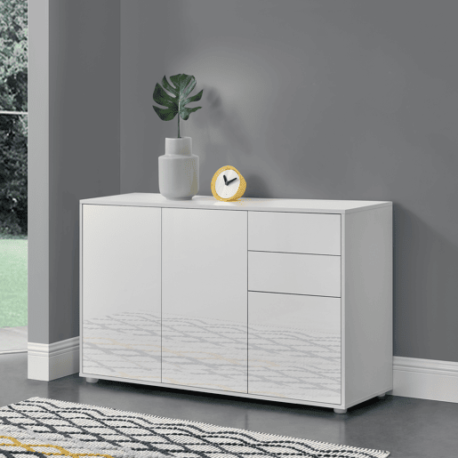 Cómoda Paarl com 2 gavetas e 3 portas 74x117x36cm Branco alto brilho en.casa