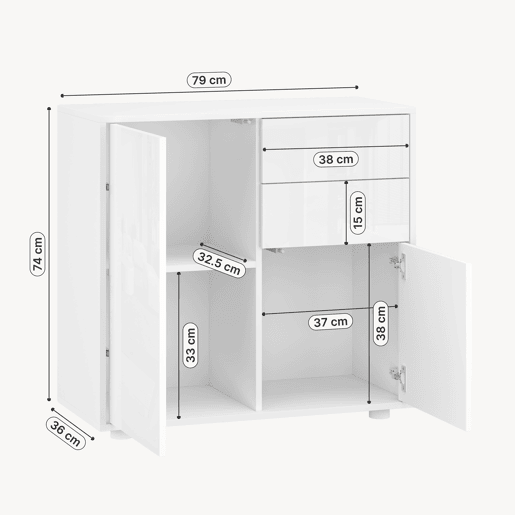 Cómoda Paarl com 2 gavetas e 2 portas 74x79x36cm Branco alto brilho en.casa