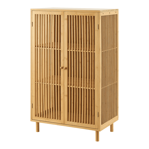 Aparador Grong de 3 níveis com 2 portas de grelha de bambu 110 x 66 x 40 cm - Natural en.casa