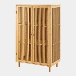 Aparador Grong de 3 níveis com 2 portas de grelha de bambu 110 x 66 x 40 cm - Natural en.casa
