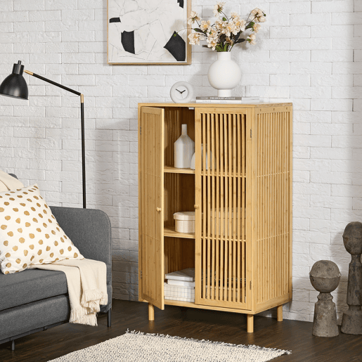 Aparador Grong de 3 níveis com 2 portas de grelha de bambu 110 x 66 x 40 cm - Natural en.casa