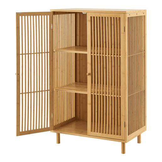 Aparador Grong de 3 níveis com 2 portas de grelha de bambu 110 x 66 x 40 cm - Natural en.casa