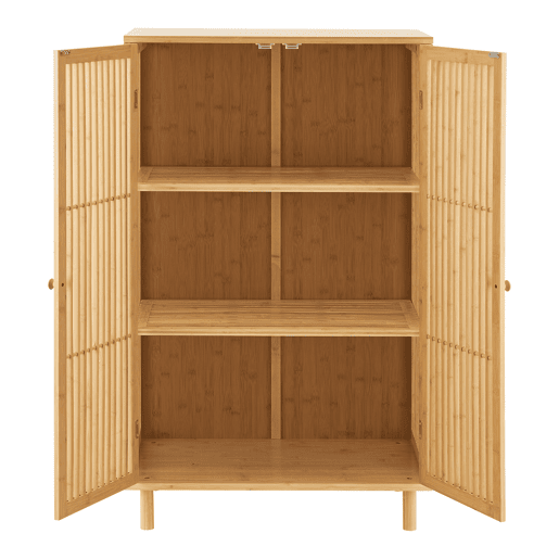 Aparador Grong de 3 níveis com 2 portas de grelha de bambu 110 x 66 x 40 cm - Natural en.casa