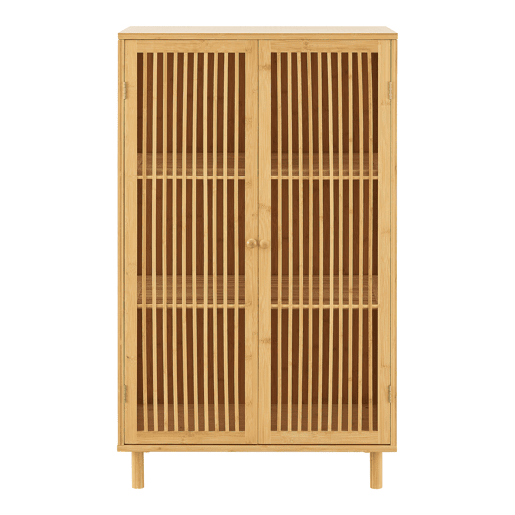 Aparador Grong de 3 níveis com 2 portas de grelha de bambu 110 x 66 x 40 cm - Natural en.casa