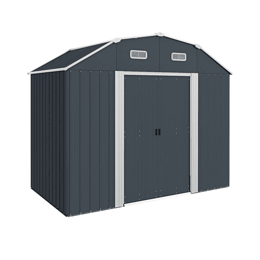 Outsunny Abrigo de Jardim 2,7 m² 238x132x198,5 cm Abrigo de Exterior Metálico com Base Prateleiras Ajustáveis 2 Portas de Correr e 2 Janelas de Ventilação Cinza Escuro