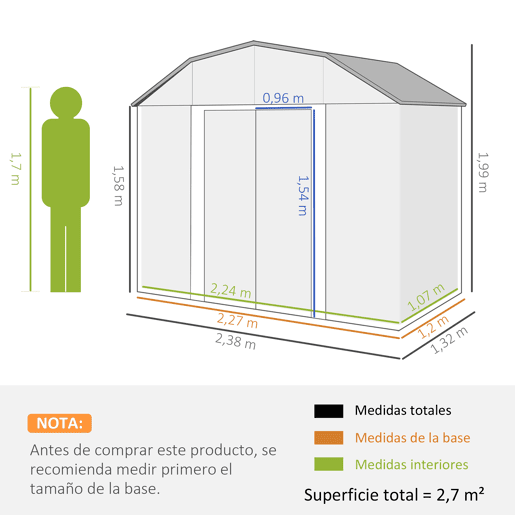 Outsunny Abrigo de Jardim 2,7 m² 238x132x198,5 cm Abrigo de Exterior Metálico com Base Prateleiras Ajustáveis 2 Portas de Correr e 2 Janelas de Ventilação Cinza Escuro