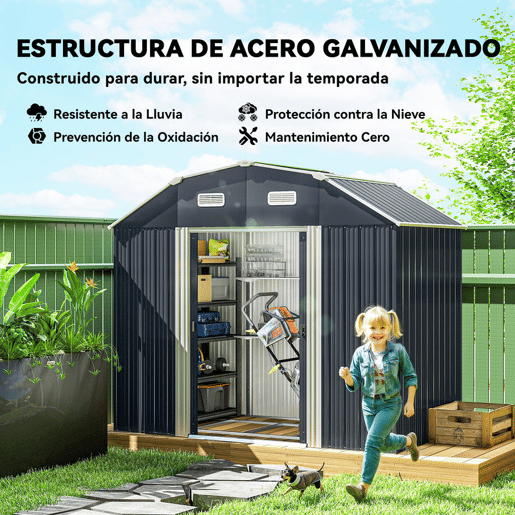 Outsunny Abrigo de Jardim 2,7 m² 238x132x198,5 cm Abrigo de Exterior Metálico com Base Prateleiras Ajustáveis 2 Portas de Correr e 2 Janelas de Ventilação Cinza Escuro