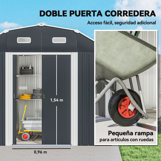 Outsunny Abrigo de Jardim 2,7 m² 238x132x198,5 cm Abrigo de Exterior Metálico com Base Prateleiras Ajustáveis 2 Portas de Correr e 2 Janelas de Ventilação Cinza Escuro
