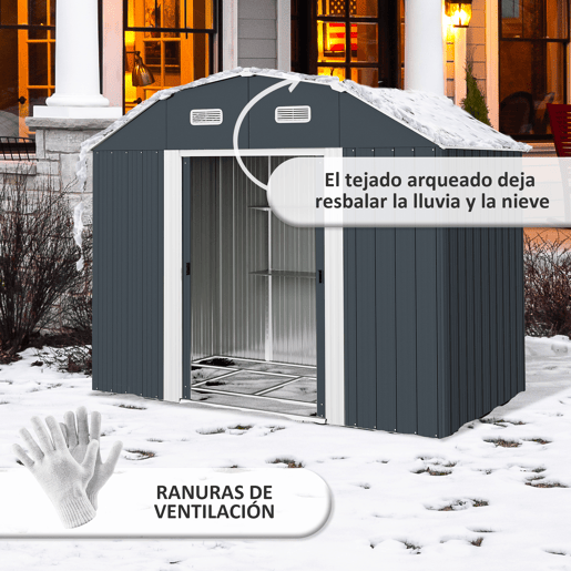 Outsunny Abrigo de Jardim 2,7 m² 238x132x198,5 cm Abrigo de Exterior Metálico com Base Prateleiras Ajustáveis 2 Portas de Correr e 2 Janelas de Ventilação Cinza Escuro