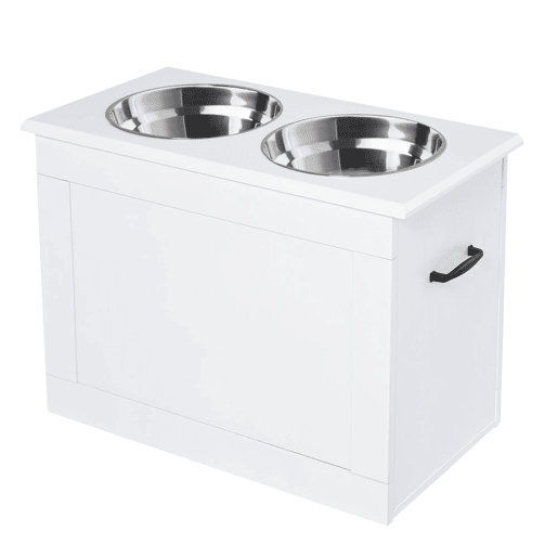 PawHut Comedouro Elevado para Cães Comedouro para Cães com 2 Tigelas de Aço Inoxidável e Espaço de Armazenamento Oculto 60x30x41 cm Branco