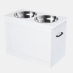 PawHut Comedouro Elevado para Cães Comedouro para Cães com 2 Tigelas de Aço Inoxidável e Espaço de Armazenamento Oculto 60x30x41 cm Branco