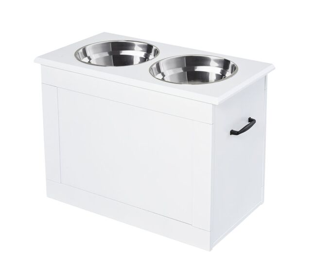 Pawhut comedero perro elevado con 2 cuencos de acero inoxidable 2x2000 ml comedero elevado para perros grandes con tapa abatible y almacenamiento oculto blanco