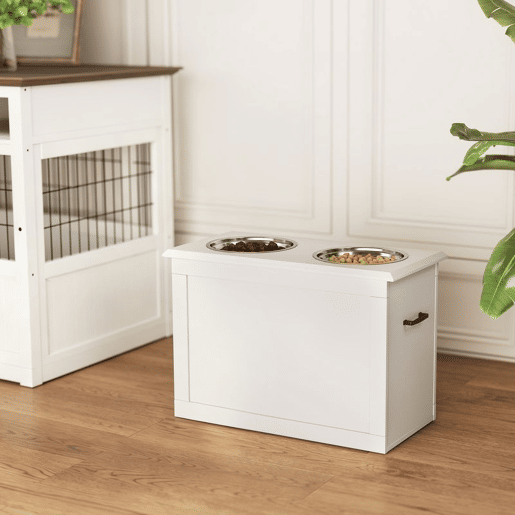 PawHut Comedouro Elevado para Cães Comedouro para Cães com 2 Tigelas de Aço Inoxidável e Espaço de Armazenamento Oculto 60x30x41 cm Branco
