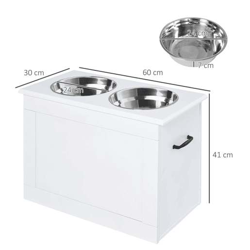 PawHut Comedouro Elevado para Cães Comedouro para Cães com 2 Tigelas de Aço Inoxidável e Espaço de Armazenamento Oculto 60x30x41 cm Branco