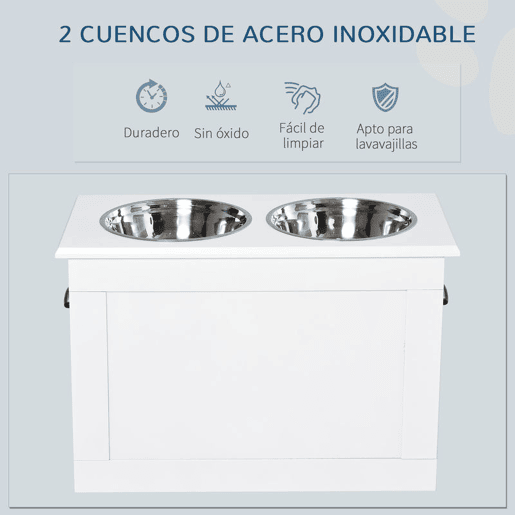 PawHut Comedouro Elevado para Cães Comedouro para Cães com 2 Tigelas de Aço Inoxidável e Espaço de Armazenamento Oculto 60x30x41 cm Branco
