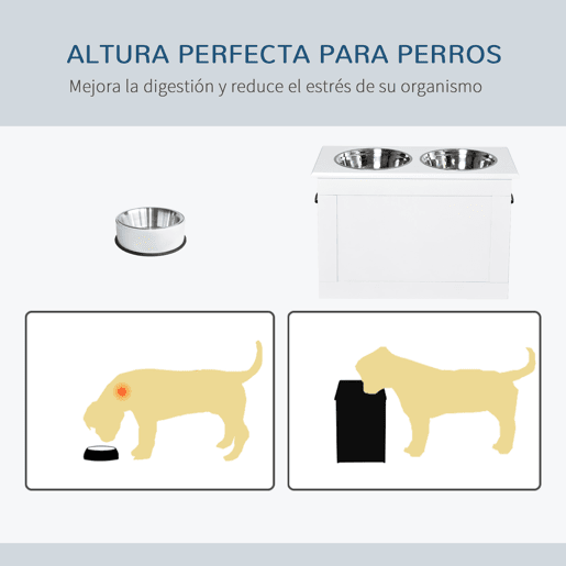 PawHut Comedouro Elevado para Cães Comedouro para Cães com 2 Tigelas de Aço Inoxidável e Espaço de Armazenamento Oculto 60x30x41 cm Branco