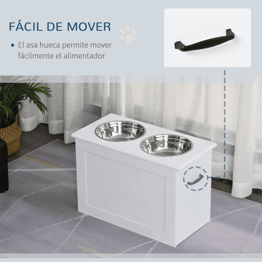 PawHut Comedouro Elevado para Cães Comedouro para Cães com 2 Tigelas de Aço Inoxidável e Espaço de Armazenamento Oculto 60x30x41 cm Branco