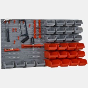 DURHAND Prateleira de Parede Organizador de Ferramentas Prateleiras de Armazenamento com 28 Caixas Empilháveis u200Bu200Be Diferentes Ganchos 95x22x54 cm Cinza e Vermelho