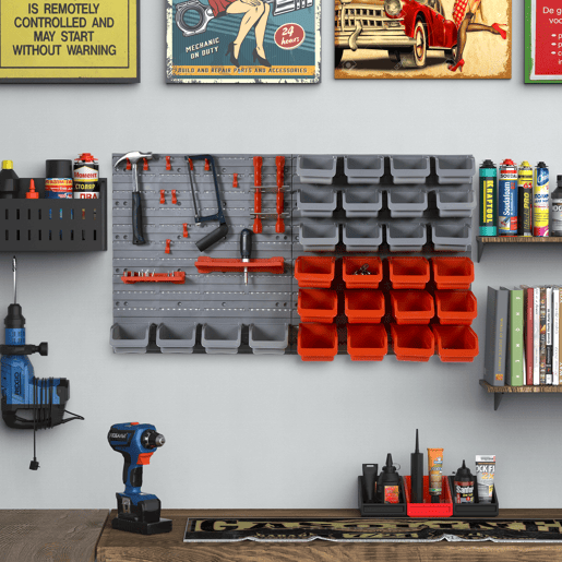 DURHAND Prateleira de Parede Organizador de Ferramentas Prateleiras de Armazenamento com 28 Caixas Empilháveis u200Bu200Be Diferentes Ganchos 95x22x54 cm Cinza e Vermelho