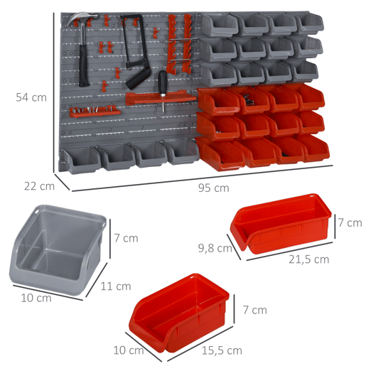 DURHAND Prateleira de Parede Organizador de Ferramentas Prateleiras de Armazenamento com 28 Caixas Empilháveis u200Bu200Be Diferentes Ganchos 95x22x54 cm Cinza e Vermelho