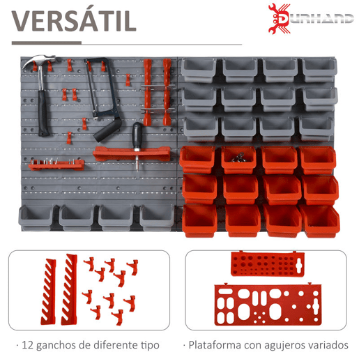 DURHAND Prateleira de Parede Organizador de Ferramentas Prateleiras de Armazenamento com 28 Caixas Empilháveis u200Bu200Be Diferentes Ganchos 95x22x54 cm Cinza e Vermelho