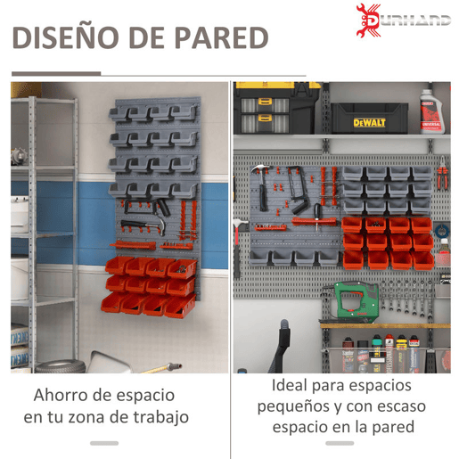 DURHAND Prateleira de Parede Organizador de Ferramentas Prateleiras de Armazenamento com 28 Caixas Empilháveis u200Bu200Be Diferentes Ganchos 95x22x54 cm Cinza e Vermelho