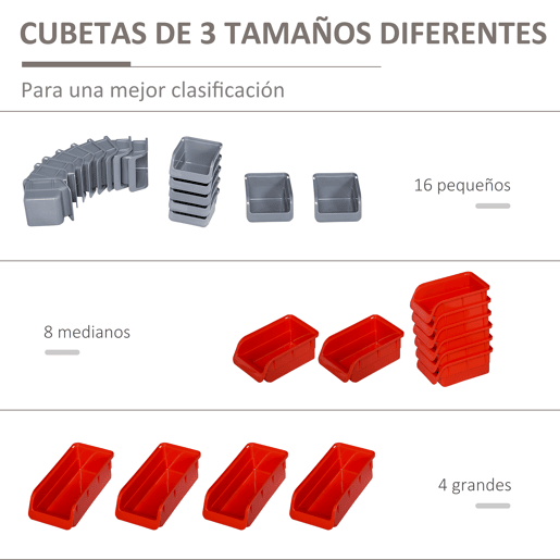 DURHAND Prateleira de Parede Organizador de Ferramentas Prateleiras de Armazenamento com 28 Caixas Empilháveis u200Bu200Be Diferentes Ganchos 95x22x54 cm Cinza e Vermelho