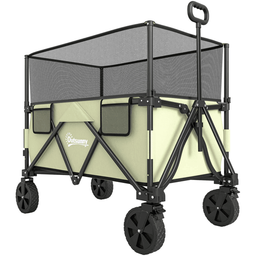 Outsunny Carrinho de Transporte Dobrável 180 L Carrinho de Jardim com Comprimento e Ângulo do Guiador Ajustáveis e Paredes Laterais Extensíveis Carga 120 kg para Pátio Praia Cáqui