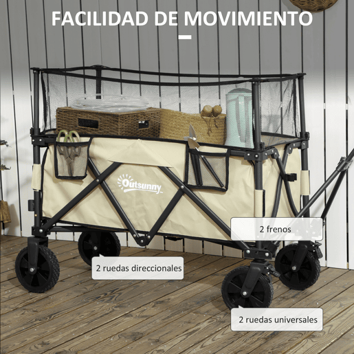 Outsunny Carrinho de Transporte Dobrável 180 L Carrinho de Jardim com Comprimento e Ângulo do Guiador Ajustáveis e Paredes Laterais Extensíveis Carga 120 kg para Pátio Praia Cáqui