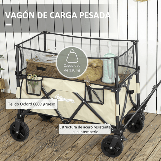 Outsunny Carrinho de Transporte Dobrável 180 L Carrinho de Jardim com Comprimento e Ângulo do Guiador Ajustáveis e Paredes Laterais Extensíveis Carga 120 kg para Pátio Praia Cáqui