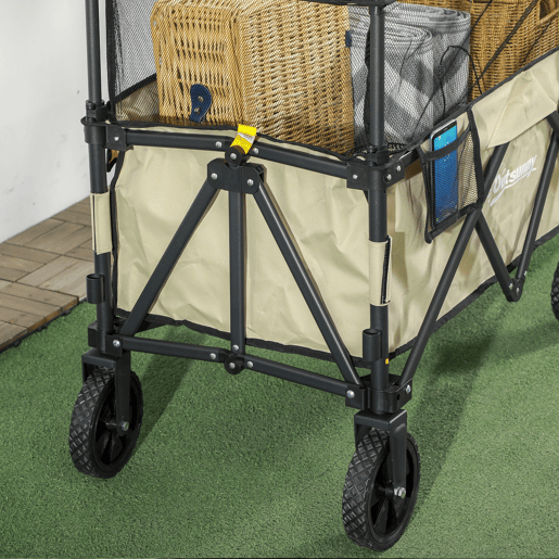 Outsunny Carrinho de Transporte Dobrável 180 L Carrinho de Jardim com Comprimento e Ângulo do Guiador Ajustáveis e Paredes Laterais Extensíveis Carga 120 kg para Pátio Praia Cáqui