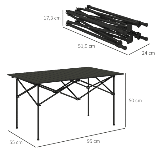 Outsunny Mesa de Campismo Dobrável de Metal com Tampo Enrolável e Bolsa de Transporte Mesa de Piquenique Portátil para Campismo Trekking Praia e Barbecue 95x55x50 cm Preto