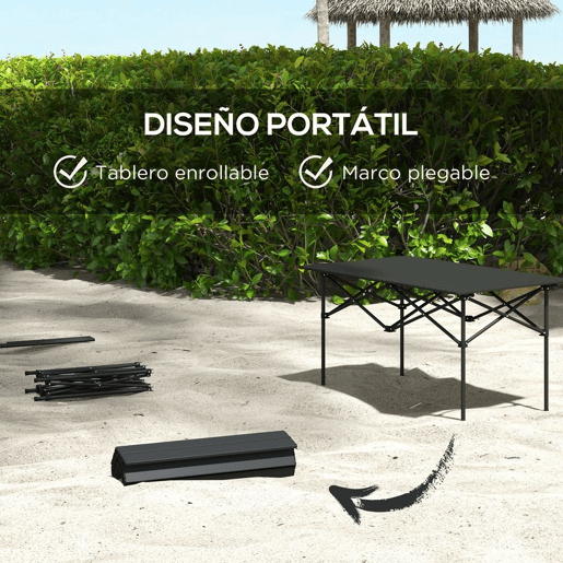 Outsunny Mesa de Campismo Dobrável de Metal com Tampo Enrolável e Bolsa de Transporte Mesa de Piquenique Portátil para Campismo Trekking Praia e Barbecue 95x55x50 cm Preto
