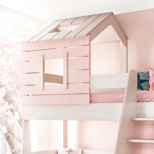 Beliche casinha escada direita aglomerado rosa 90100x200cm