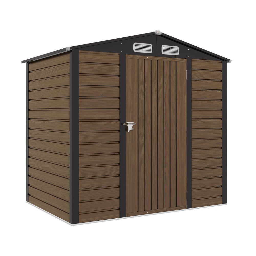 Outsunny caseta de jardín exterior, 2,27 m² 190x131x188 cm, cobertizo de jardín exterior metálico con 2 ventilaciones, puerta con cerradura, para almacenamiento de herramientas, roble