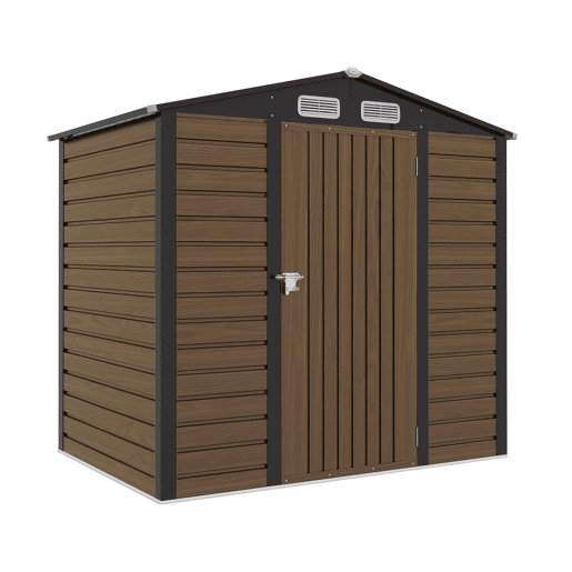 Outsunny Casota de Jardim Exterior, 2,27 m² 190x131x188 cm, Abrigo Metálico de Jardim com 2 Ventilações, Porta com Fechadura, para Armazenamento de Ferramentas, Carvalho