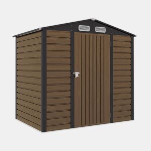 Outsunny Casota de Jardim Exterior, 2,27 m² 190x131x188 cm, Abrigo Metálico de Jardim com 2 Ventilações, Porta com Fechadura, para Armazenamento de Ferramentas, Carvalho