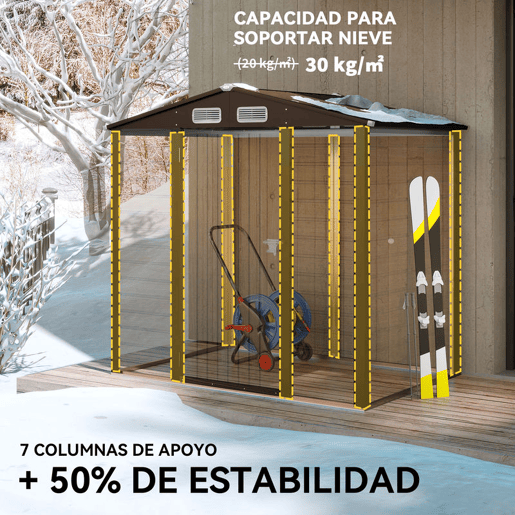 Outsunny Casota de Jardim Exterior, 2,27 m² 190x131x188 cm, Abrigo Metálico de Jardim com 2 Ventilações, Porta com Fechadura, para Armazenamento de Ferramentas, Carvalho