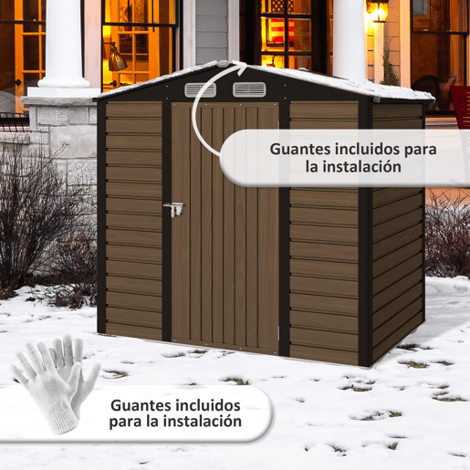 Outsunny Casota de Jardim Exterior, 2,27 m² 190x131x188 cm, Abrigo Metálico de Jardim com 2 Ventilações, Porta com Fechadura, para Armazenamento de Ferramentas, Carvalho