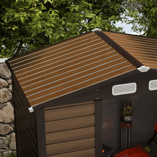 Outsunny Casota de Jardim Exterior, 2,27 m² 190x131x188 cm, Abrigo Metálico de Jardim com 2 Ventilações, Porta com Fechadura, para Armazenamento de Ferramentas, Carvalho
