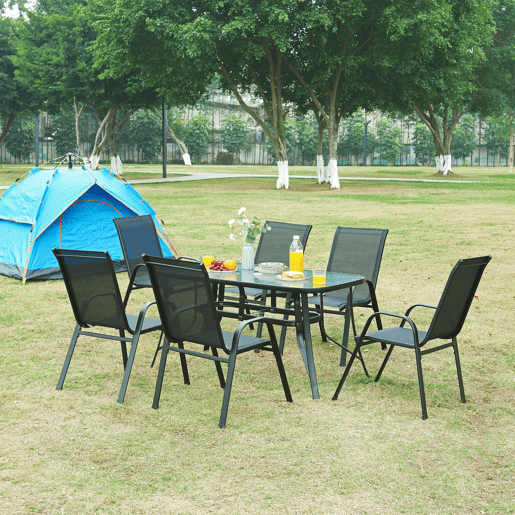 Conjunto de mobiliário de jardim Aradeo 7 pcs. açovidro - Preto casa.pro
