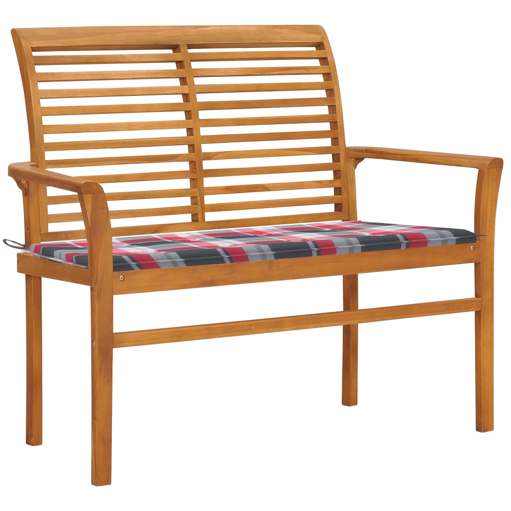 Vidaxl banco de jardín madera de teca con cojín a cuadros rojo 112 cm