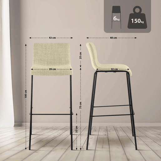 Juego de 2 taburetes de bar Hover, tela, base de cuatro patas Crema 48X43X100 cm
