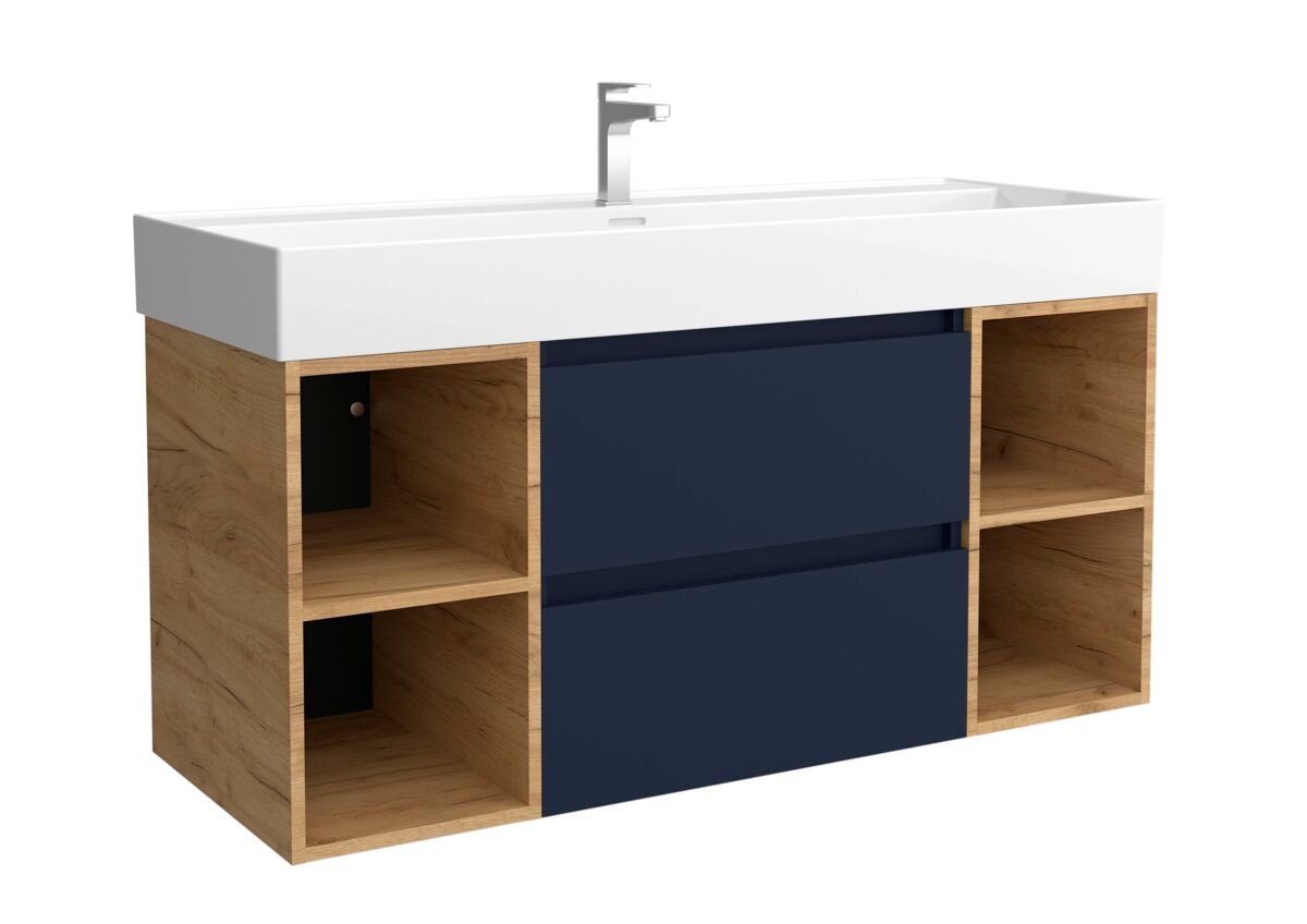 Mueble de baño bequia 120cm + coqueta 2 huecos centrado + lavabo cerámica | azul mate / roble |120x45x66