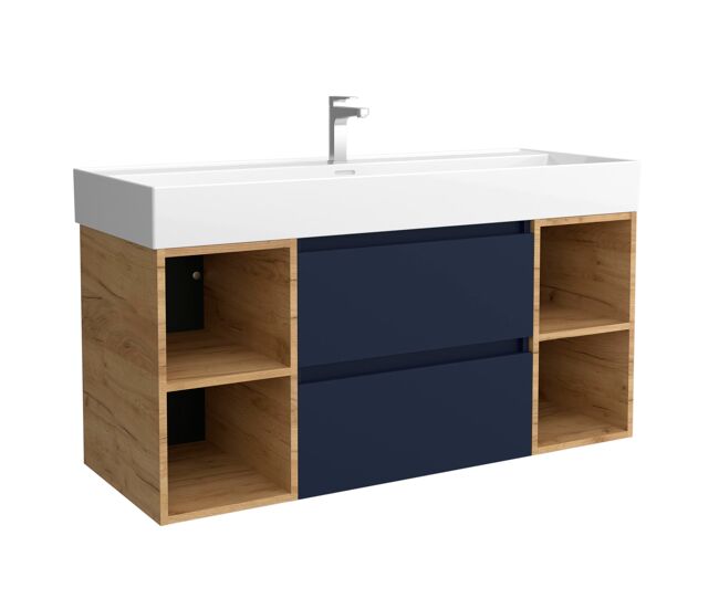 Mueble de baño bequia 120cm + coqueta 2 huecos centrado + lavabo cerámica | azul mate / roble |120x45x66