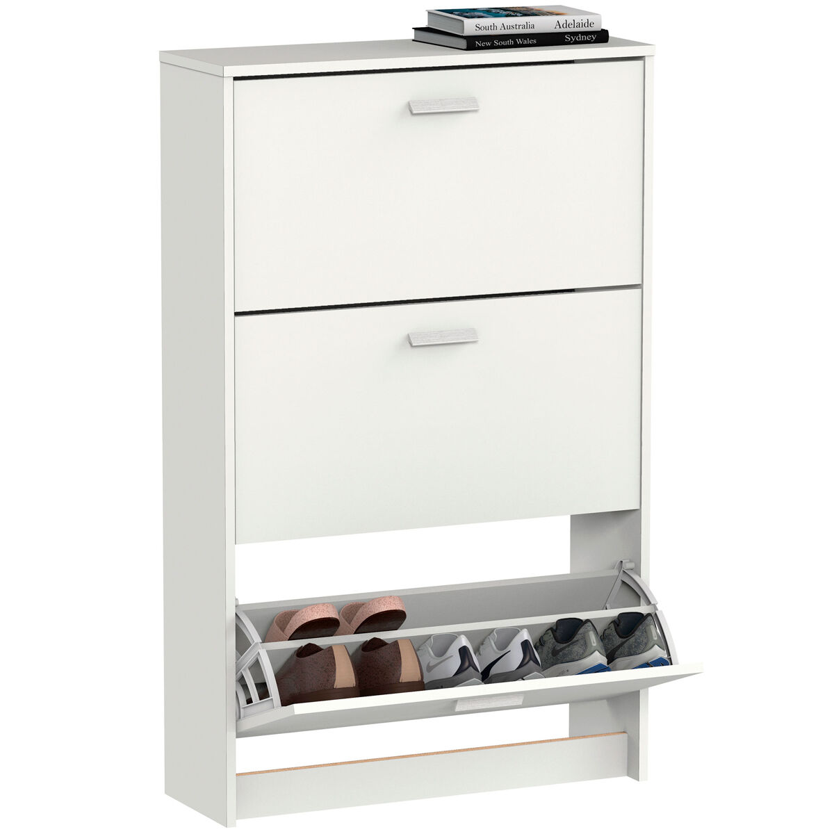 Briebe nova zapatero entrada recibidor, mueble auxiliar estrecho zapatos, 3 puertas, madera 119,5x74x25 cm, , blanco