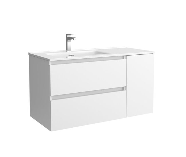 Mueble de baño bequia 90cm + coqueta 1 puerta derecha + lavabo cerámica | blanco mate |90x45x54