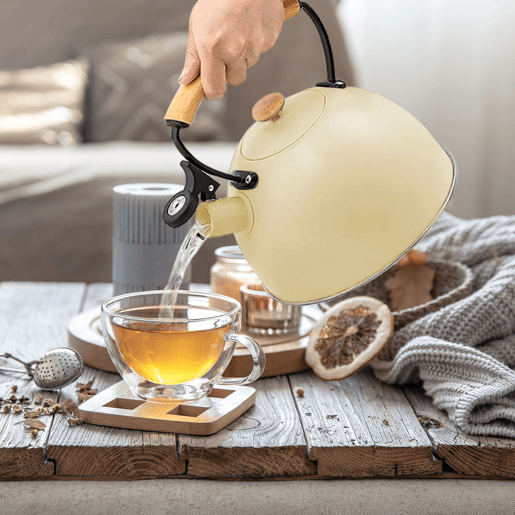 Briebe Pastel Chaleira de Indução com Apito, 2,3 L, Aço Inox, Retro, Vitrocerâmica, Gás, Cabo de Madeira, , Amarelo